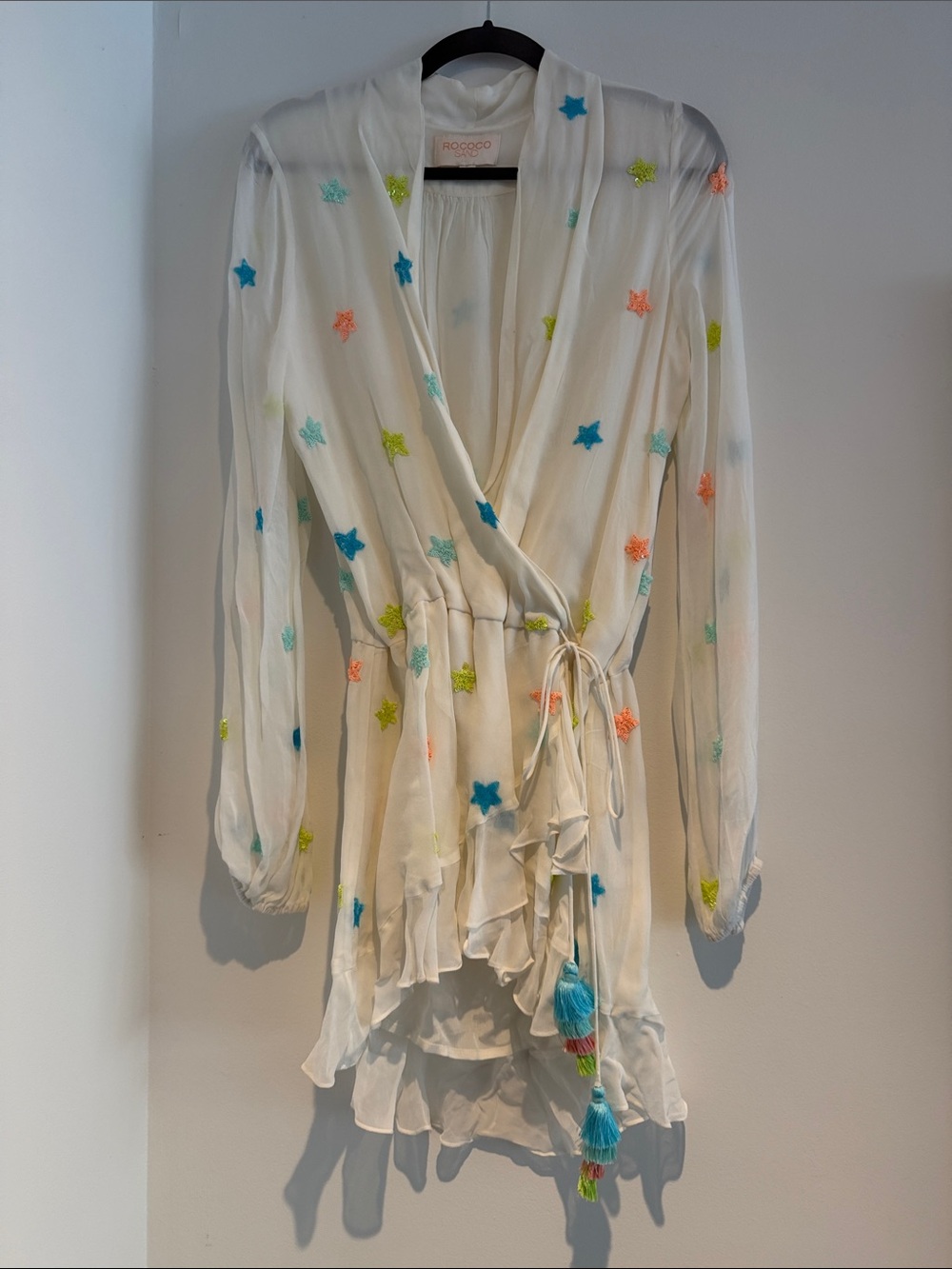 Rococo Sand Ivory Star-Embroidered Wrap Dress with Tassel Tie